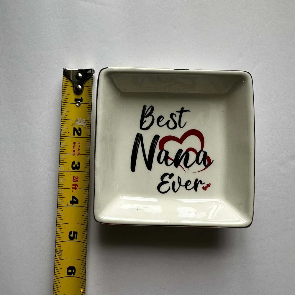 Best Nana‎ Ever Ceramic Trinket Dish Square Jewelry Tray Gold Rim Cream 4x4